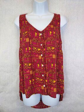 Kavu Beryl Tank Top Women's XS Viscose Sleeveless Button Front V-Neck Aztek Boho